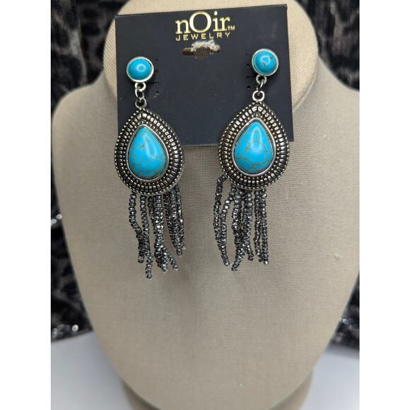 Turquoise Teardrop Dangle Fringe Earrings - Picture 6 of 8